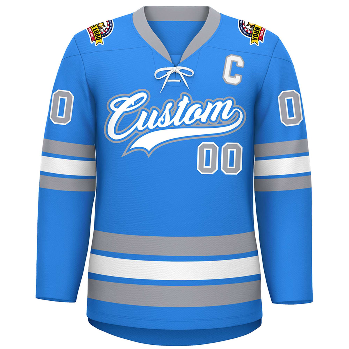 Custom Powder Blue White-Gray Lace-Up Neck Hockey Jersey | KXKSHOP