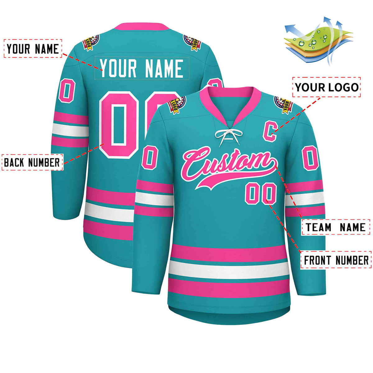 Custom Aqua Pink-White Lace-Up Neck Hockey Jersey | KXKSHOP