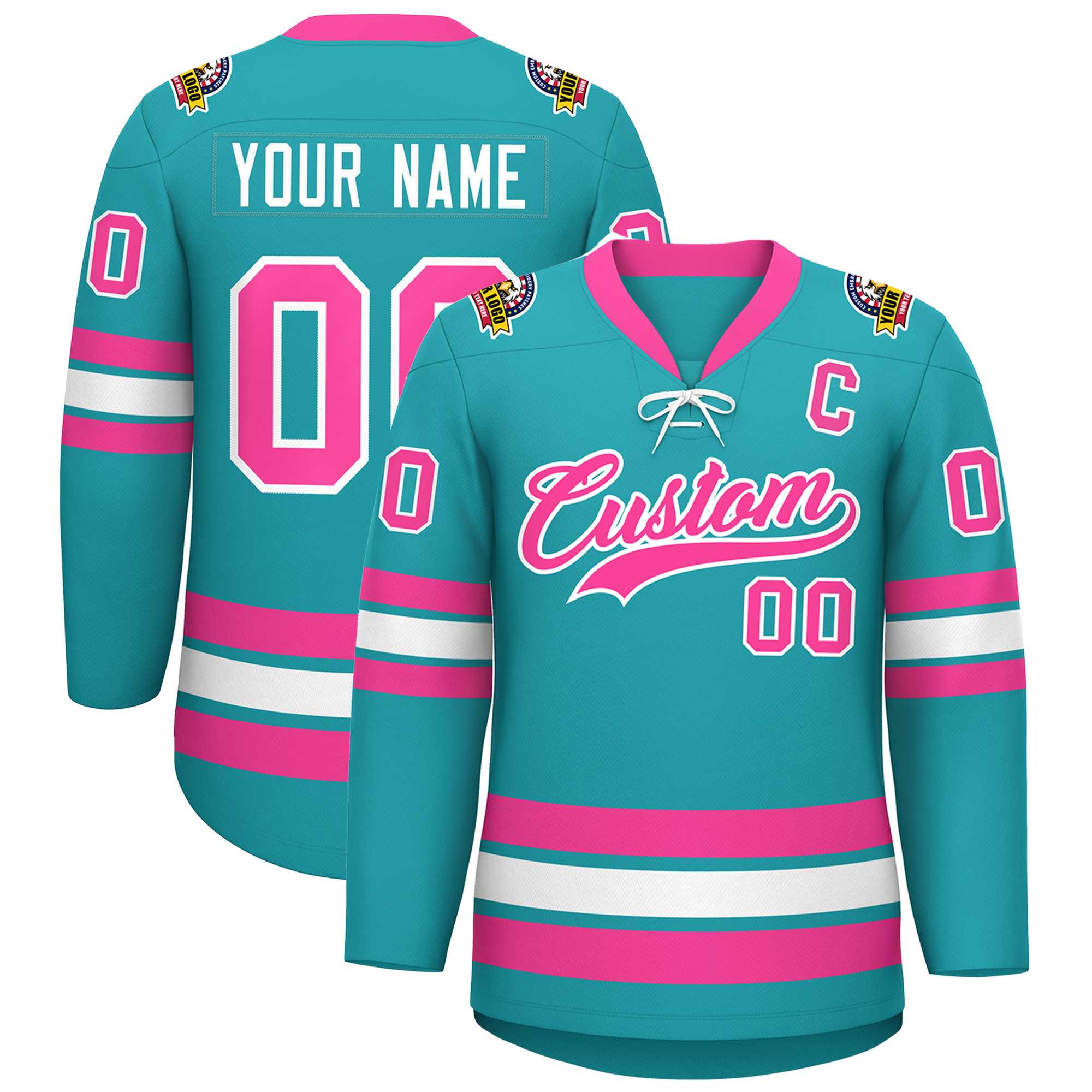 Custom Aqua Pink-White Lace-Up Neck Hockey Jersey | KXKSHOP