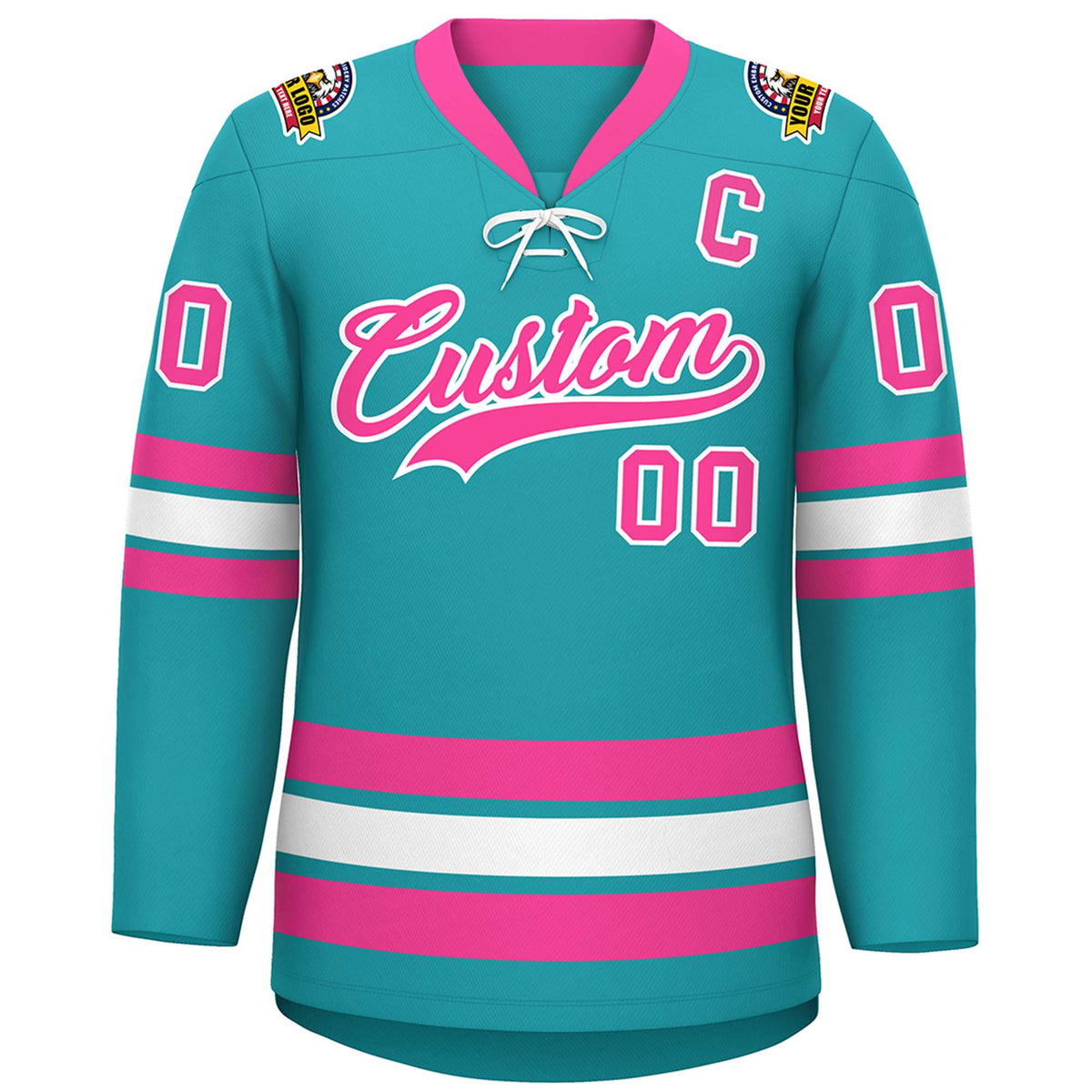 Custom Aqua Pink-White Lace-Up Neck Hockey Jersey | KXKSHOP