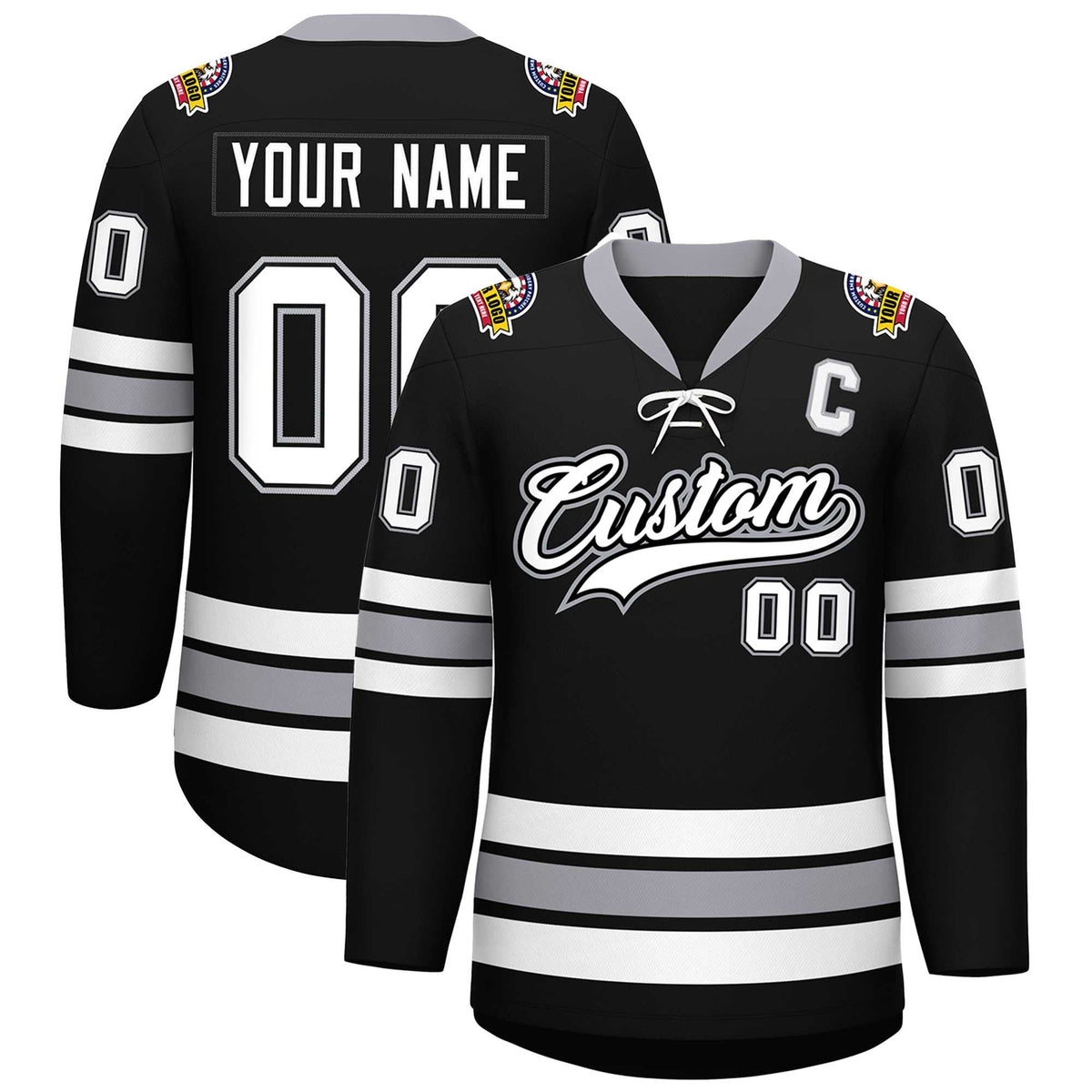 Custom Black White-Gray Lace-Up Neck Hockey Jersey | KXKSHOP