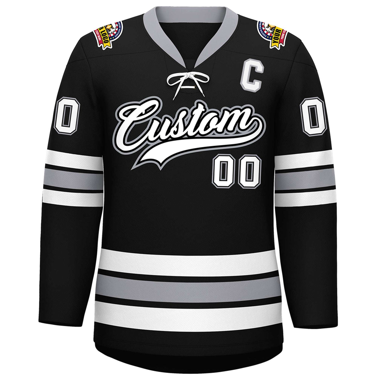 Custom Black White-Gray Lace-Up Neck Hockey Jersey | KXKSHOP