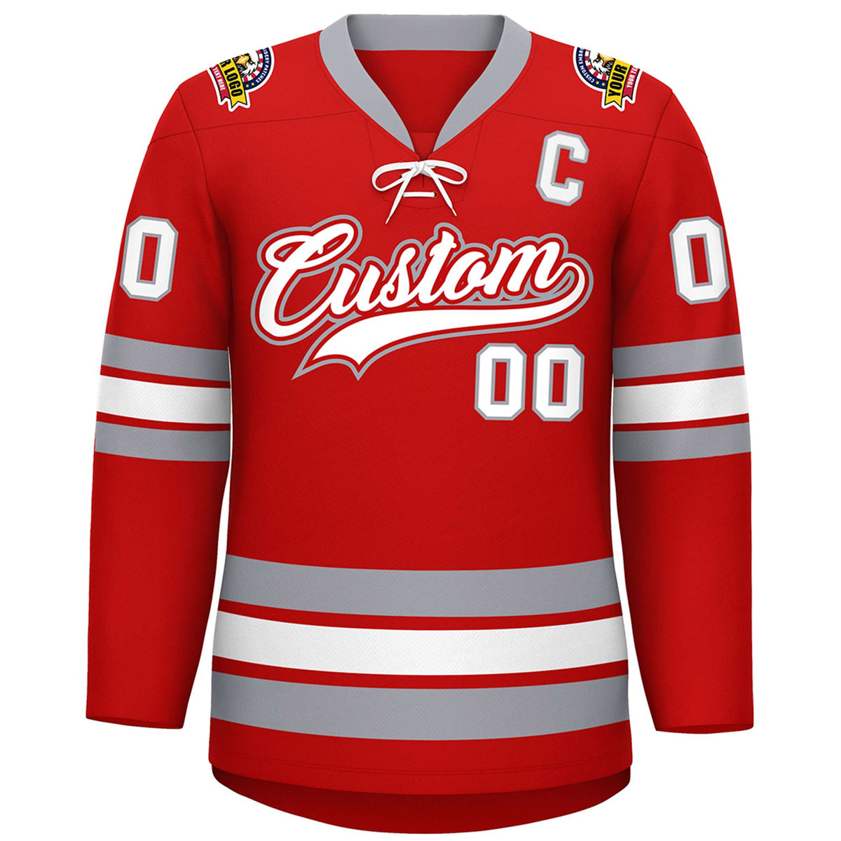 Custom Red White-Gray Lace-Up Neck Hockey Jersey | KXKSHOP