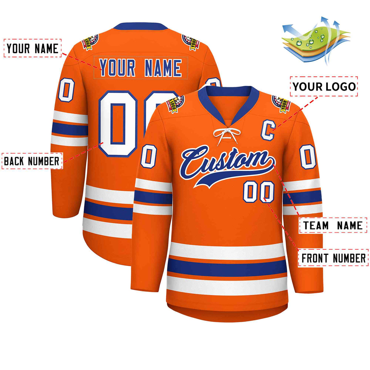 Custom Orange Royal-White Lace-Up Neck Hockey Jersey | KXKSHOP