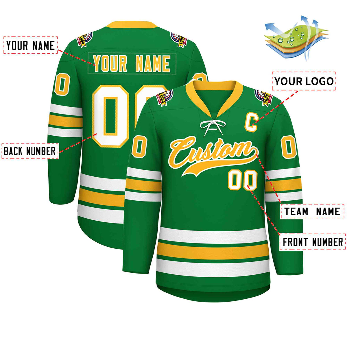 Custom Kelly Green Yellow-White Lace-Up Neck Hockey Jersey | KXKSHOP