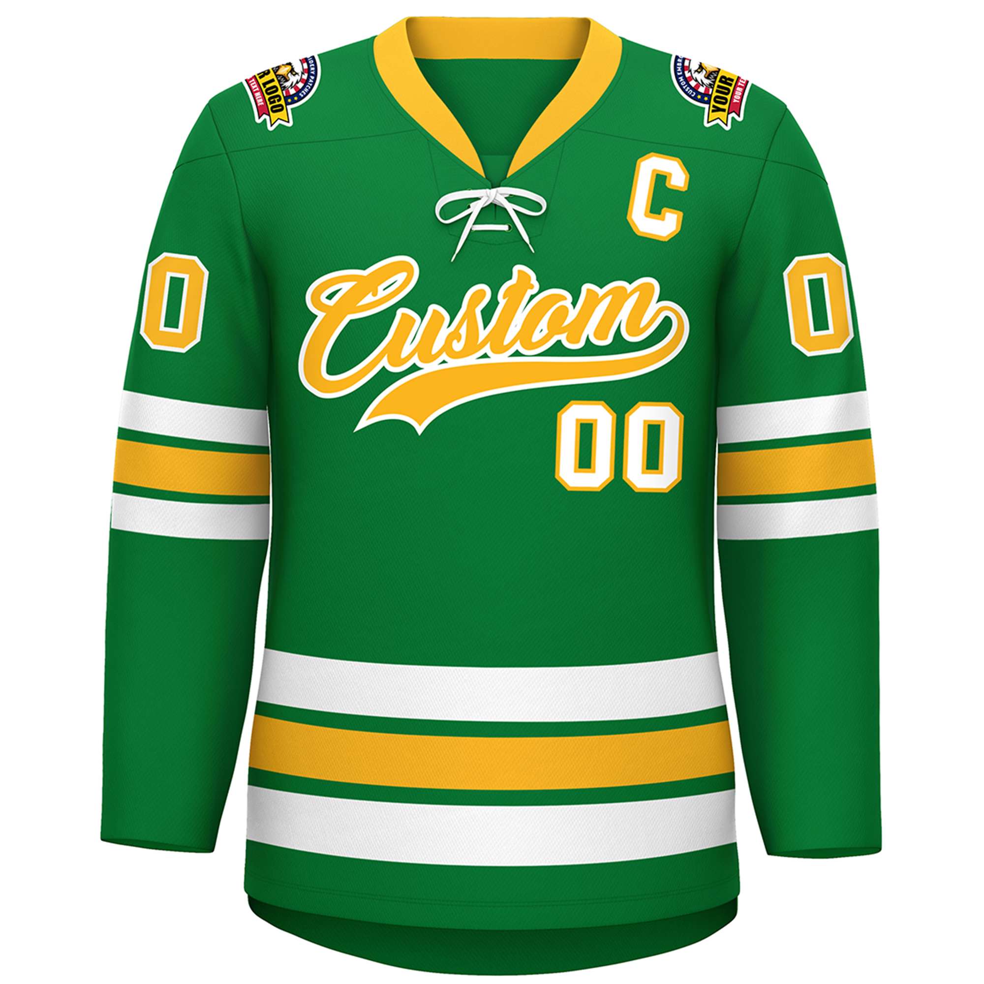 Custom Kelly Green Yellow-White Lace-Up Neck Hockey Jersey | KXKSHOP