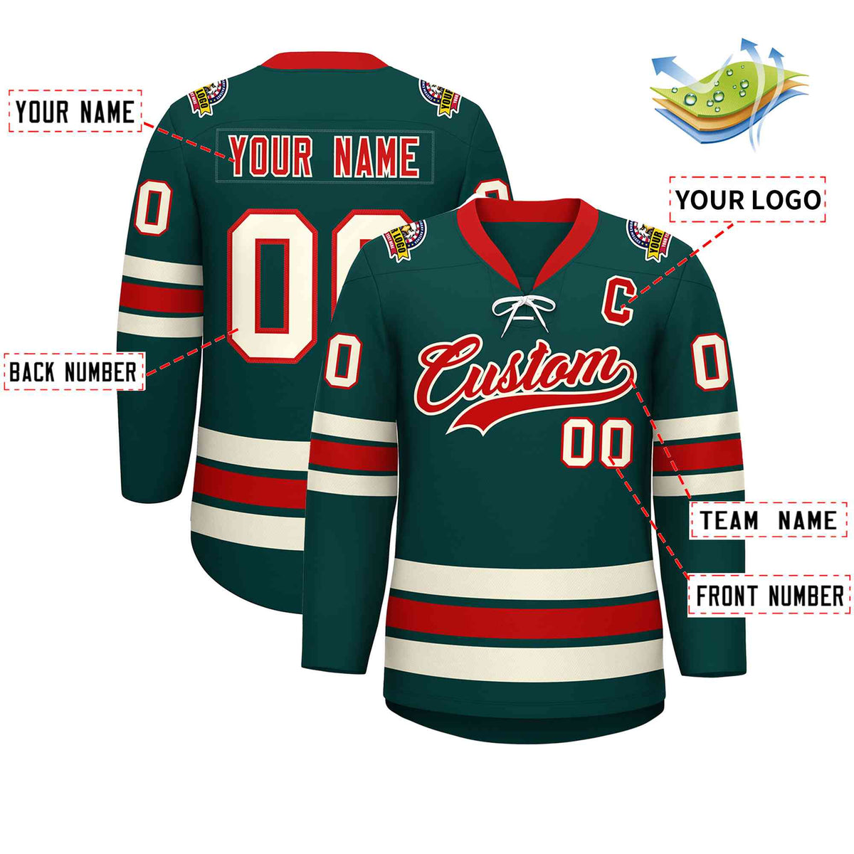 Custom Midnight Green Red-Cream Lace-Up Neck Hockey Jersey | KXKSHOP