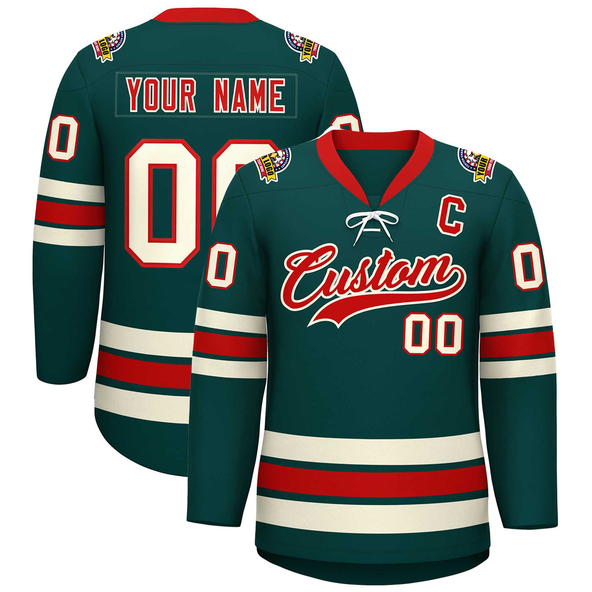 Custom Midnight Green Red-Cream Lace-Up Neck Hockey Jersey | KXKSHOP