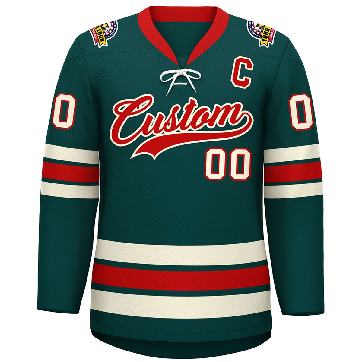 Custom Midnight Green Red-Cream Lace-Up Neck Hockey Jersey | KXKSHOP