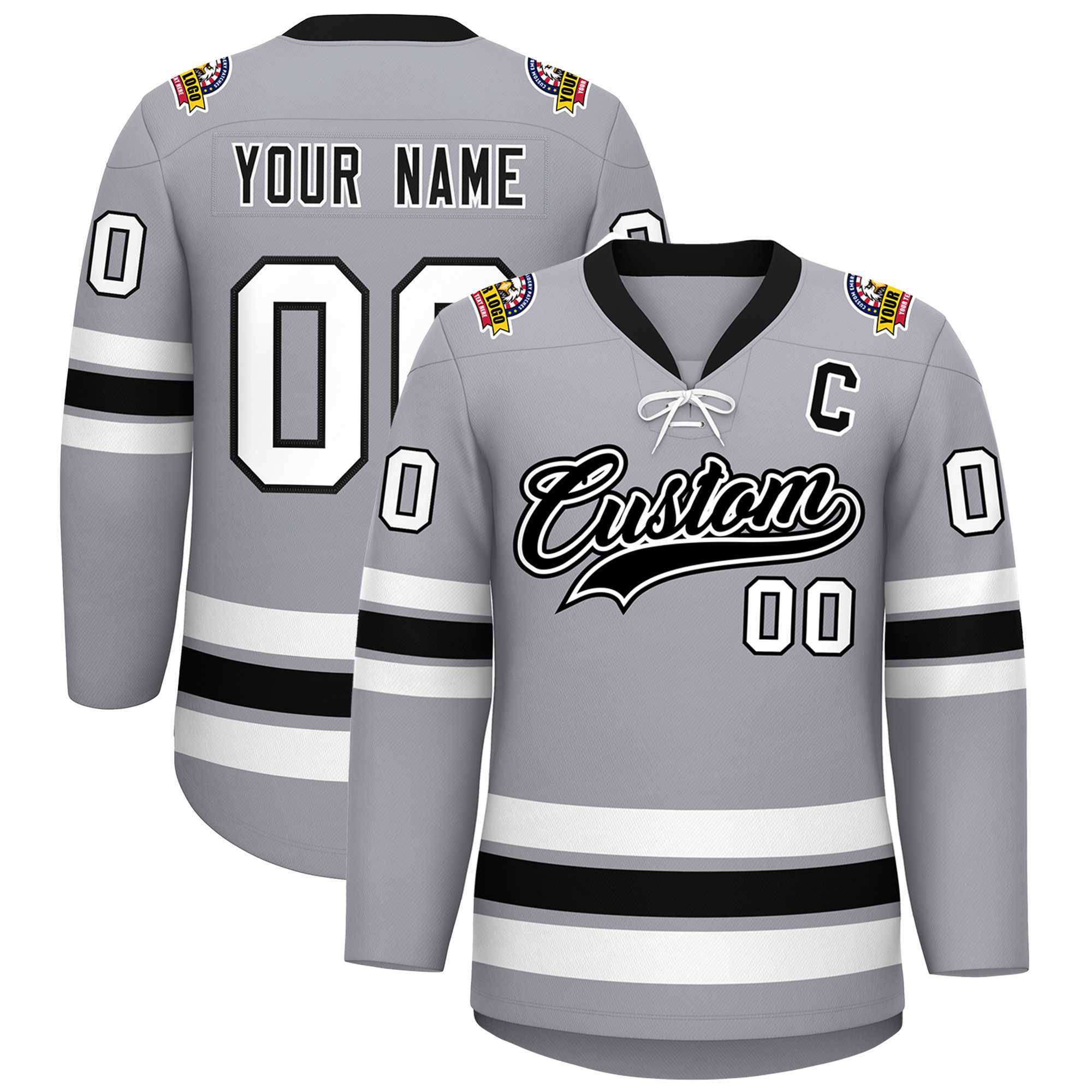 Custom Gray Black-White Lace-Up Neck Hockey Jersey | KXKSHOP