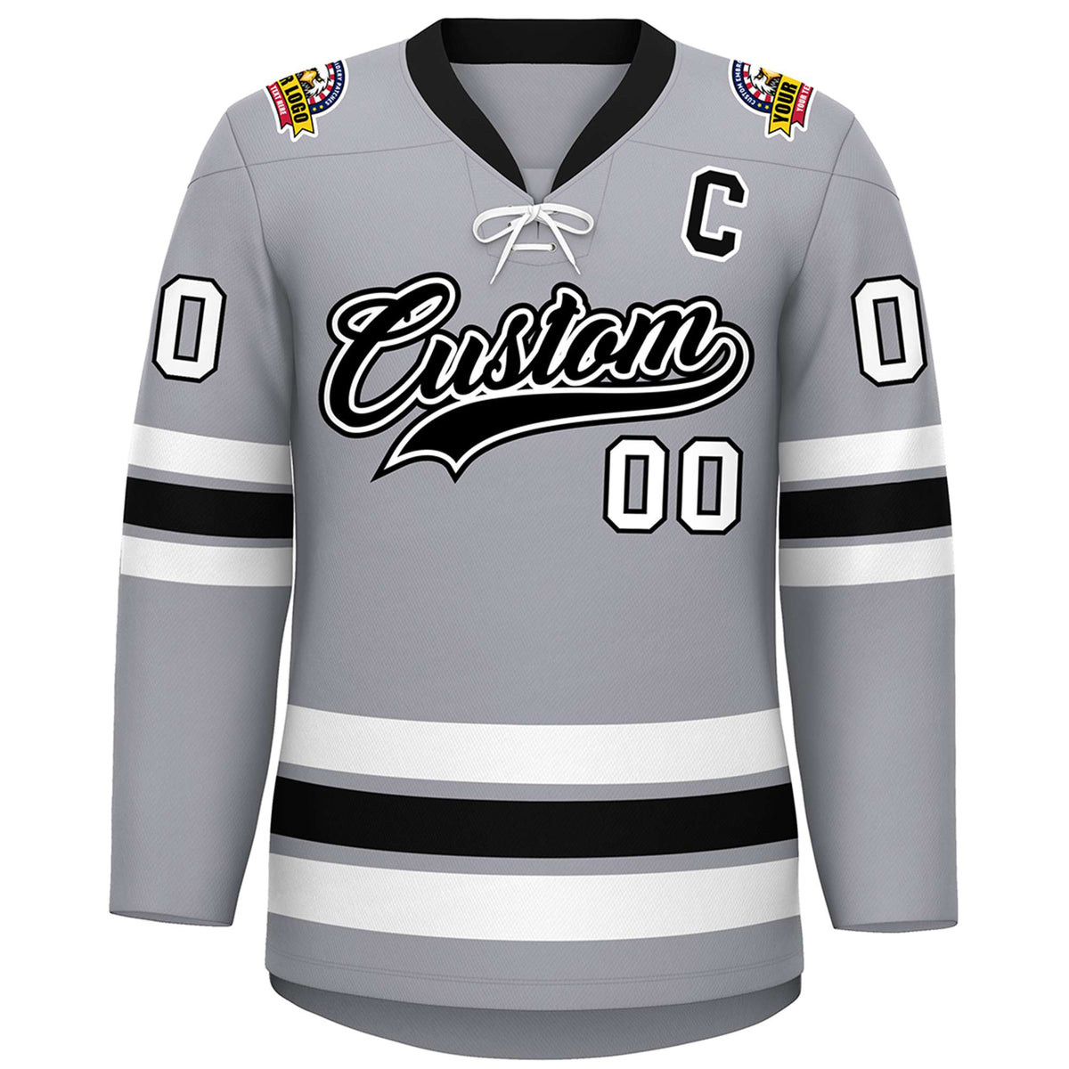 Custom Gray Black-White Lace-Up Neck Hockey Jersey | KXKSHOP