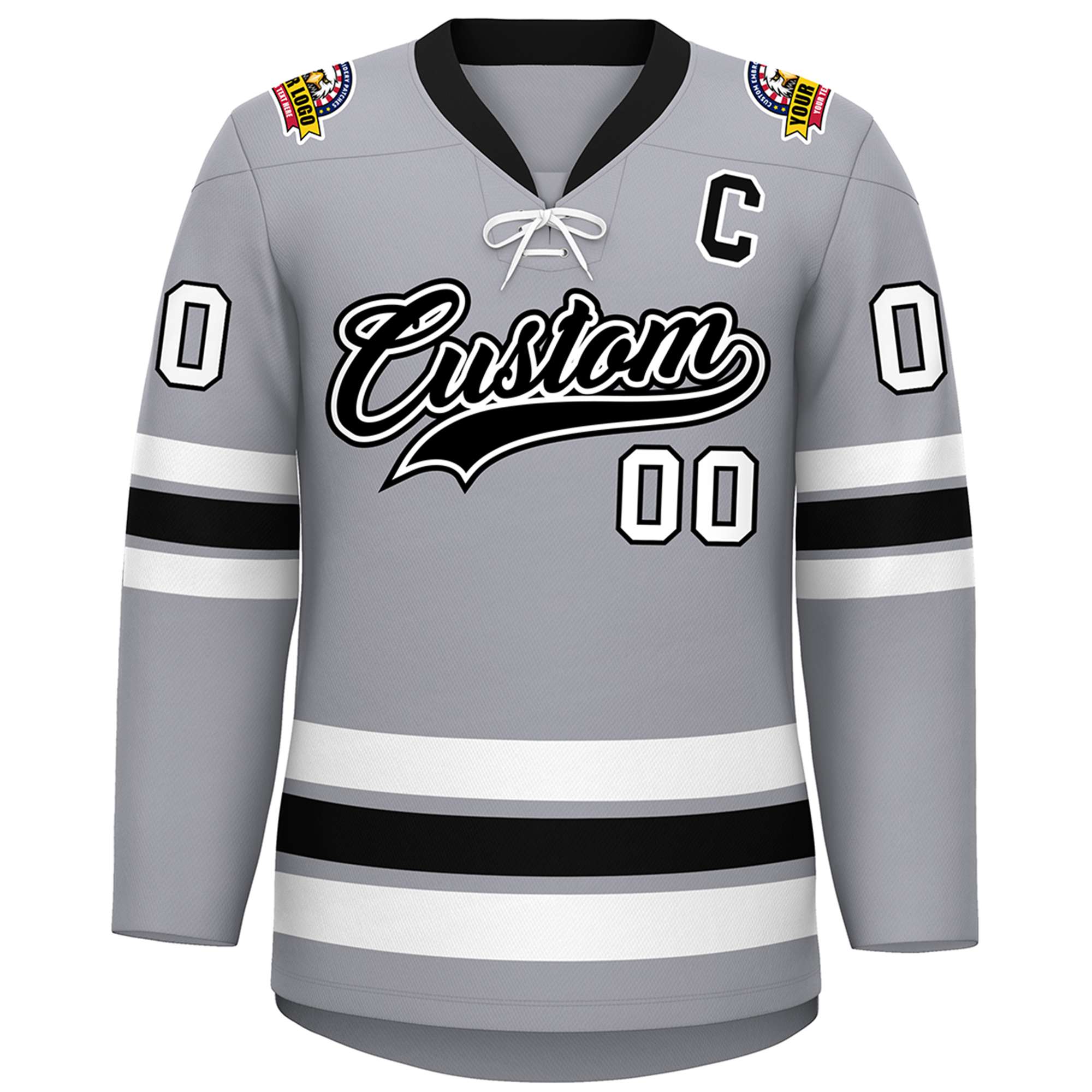 Custom Gray Black-White Lace-Up Neck Hockey Jersey | KXKSHOP