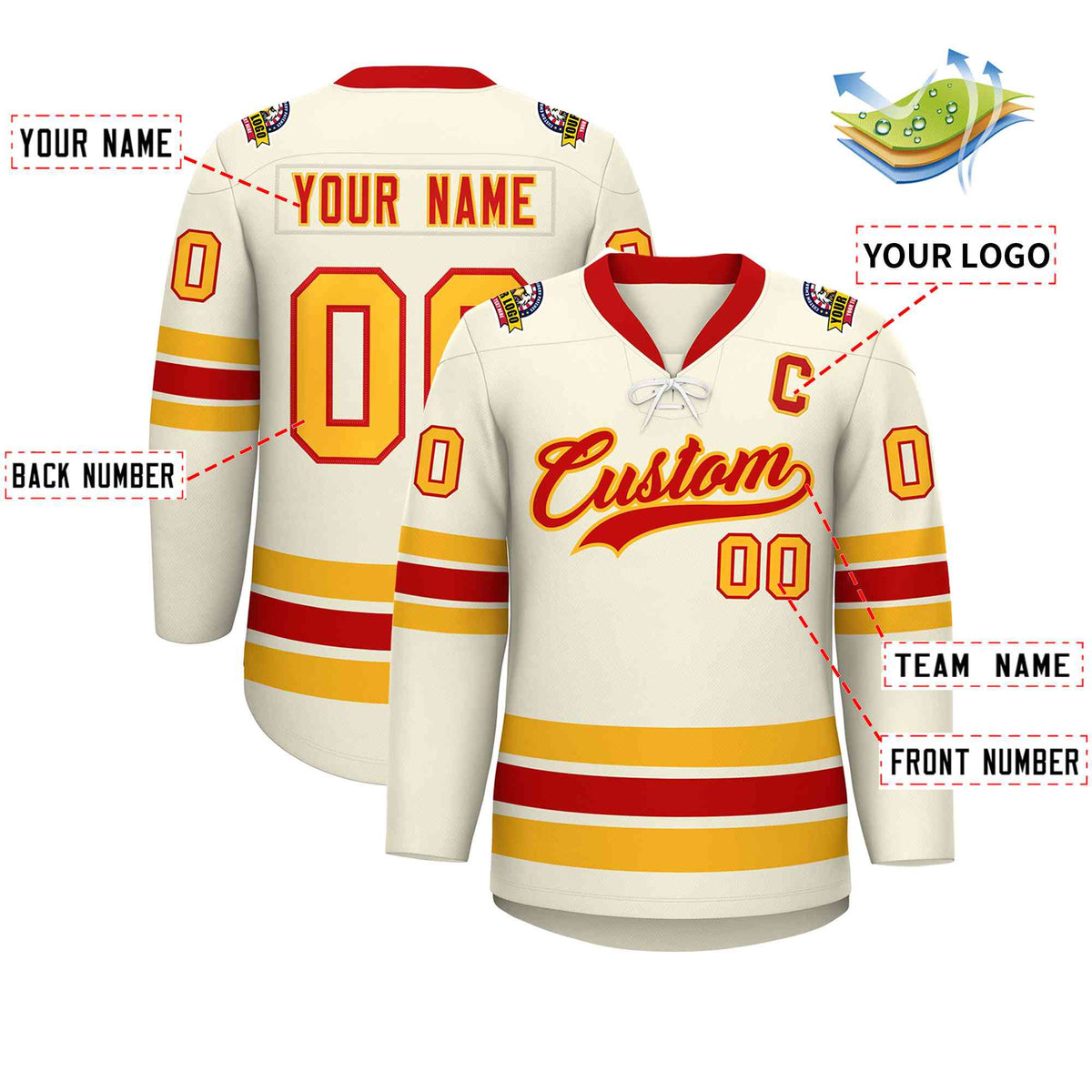 Custom Cream Red-Yellow Lace-Up Neck Hockey Jersey | KXKSHOP
