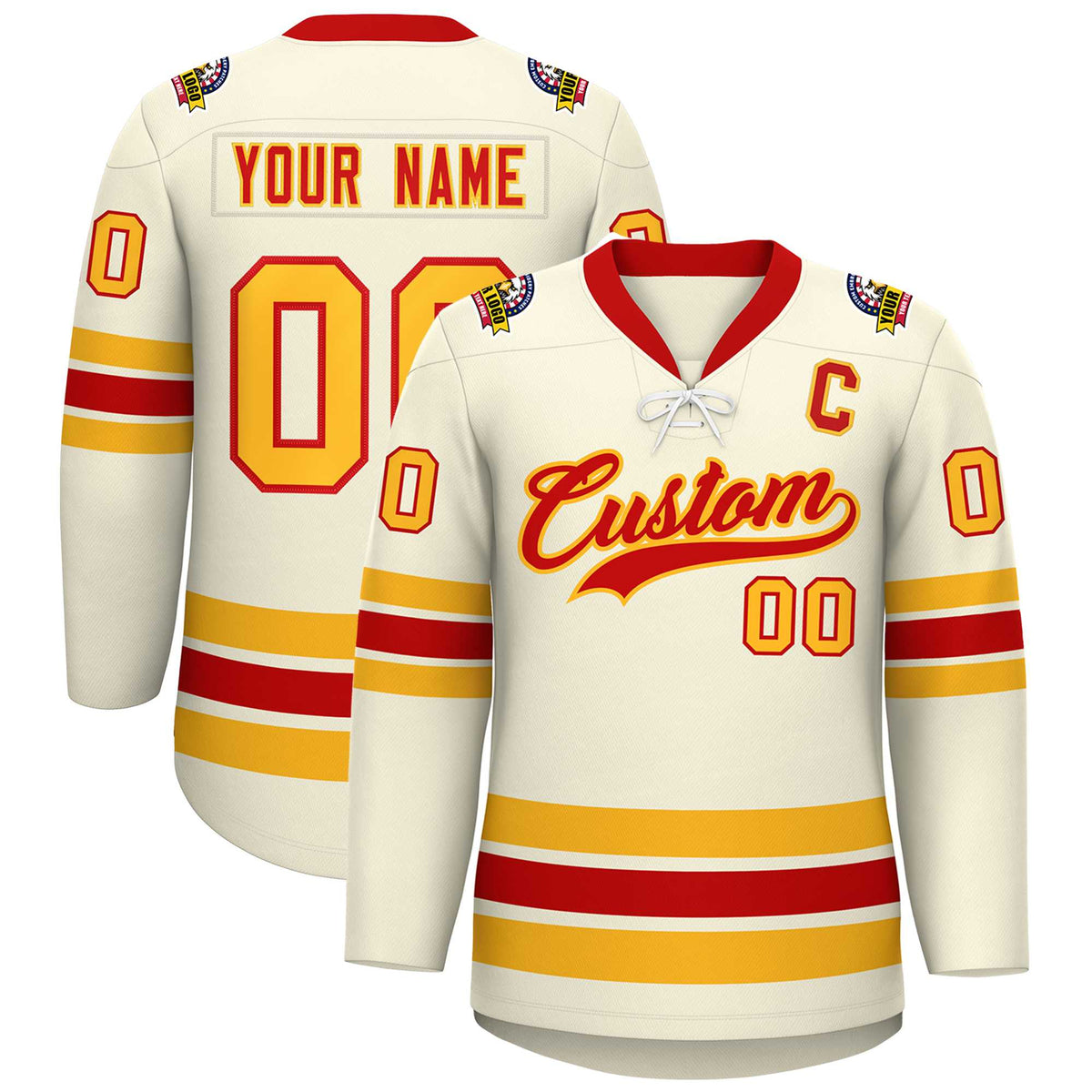 Custom Cream Red-Yellow Lace-Up Neck Hockey Jersey | KXKSHOP