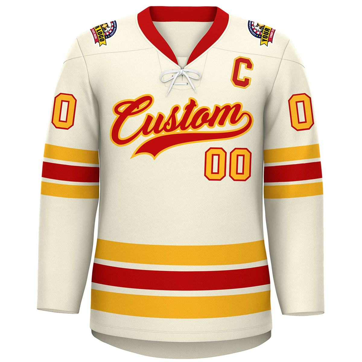 Custom Cream Red-Yellow Lace-Up Neck Hockey Jersey | KXKSHOP