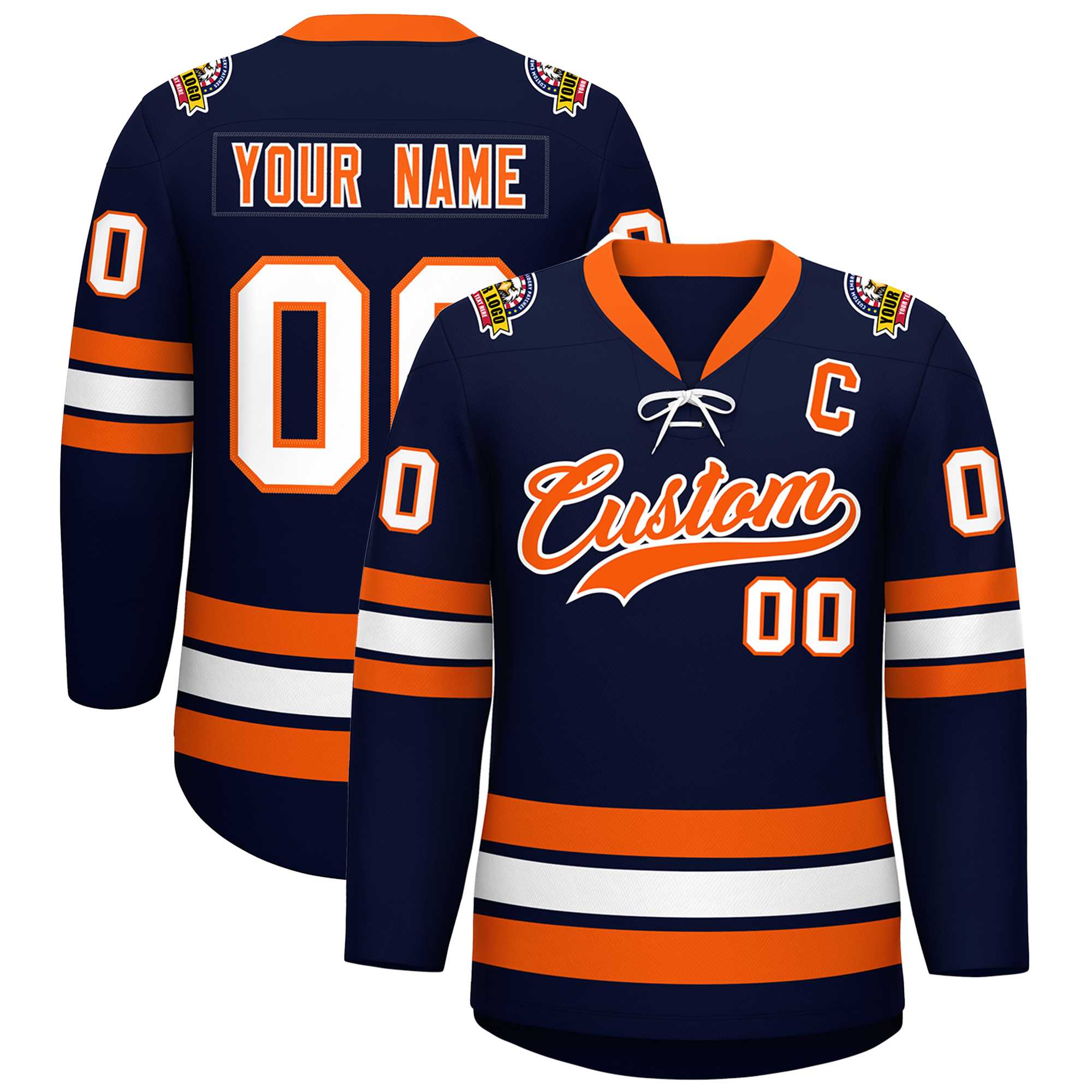 Custom Navy Orange-White Lace-Up Neck Hockey Jersey | KXKSHOP