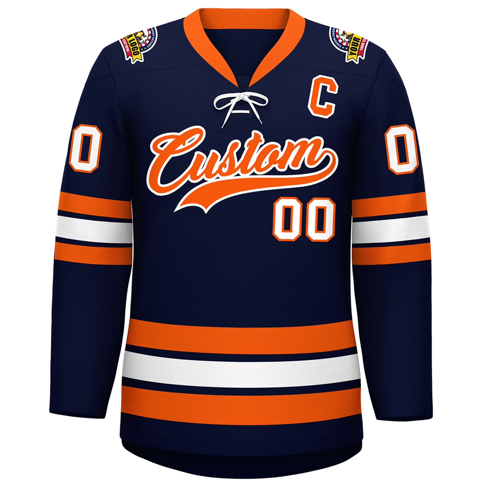 Custom Navy Orange-White Lace-Up Neck Hockey Jersey | KXKSHOP