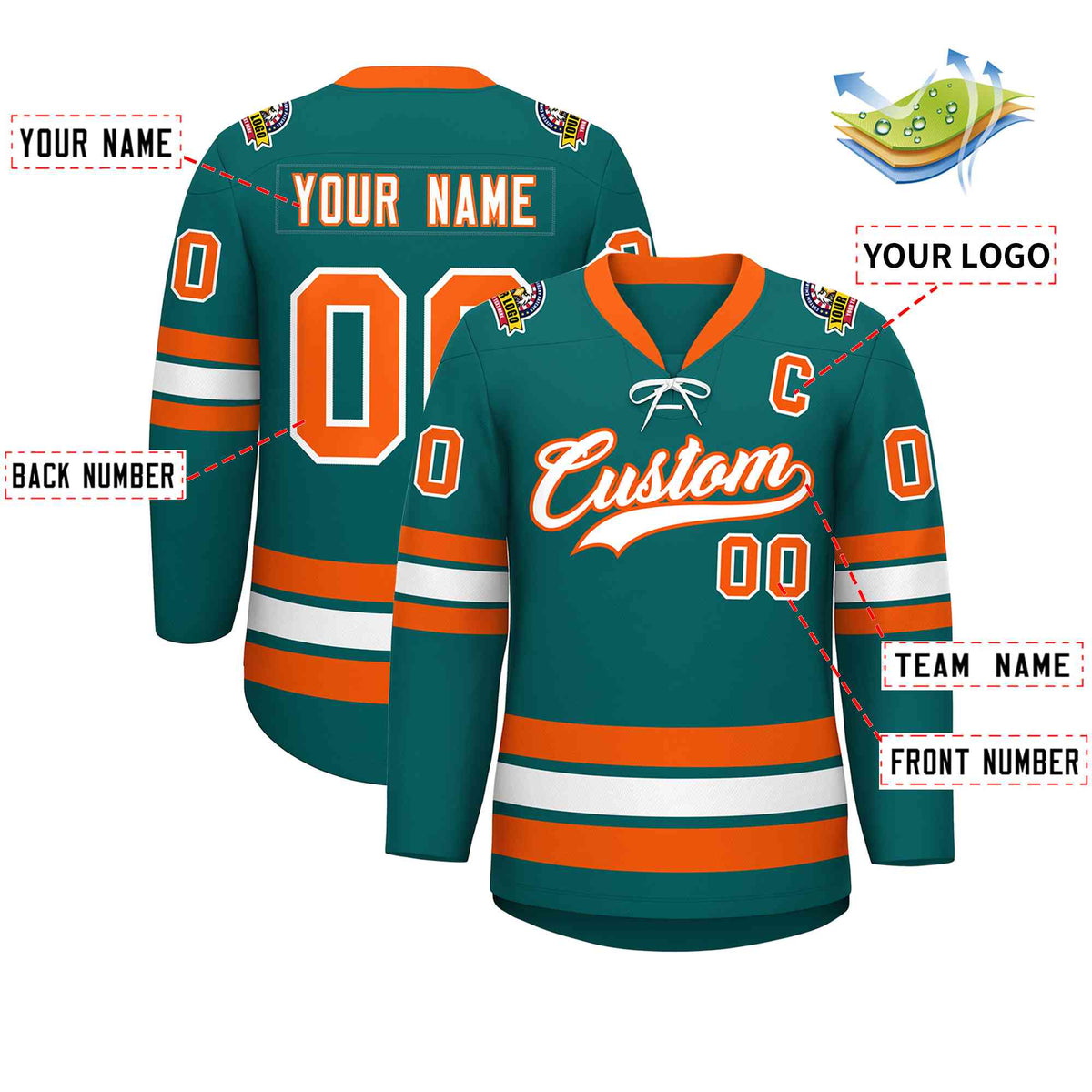 Custom Aqua White-Orange Lace-Up Neck Hockey Jersey | KXKSHOP