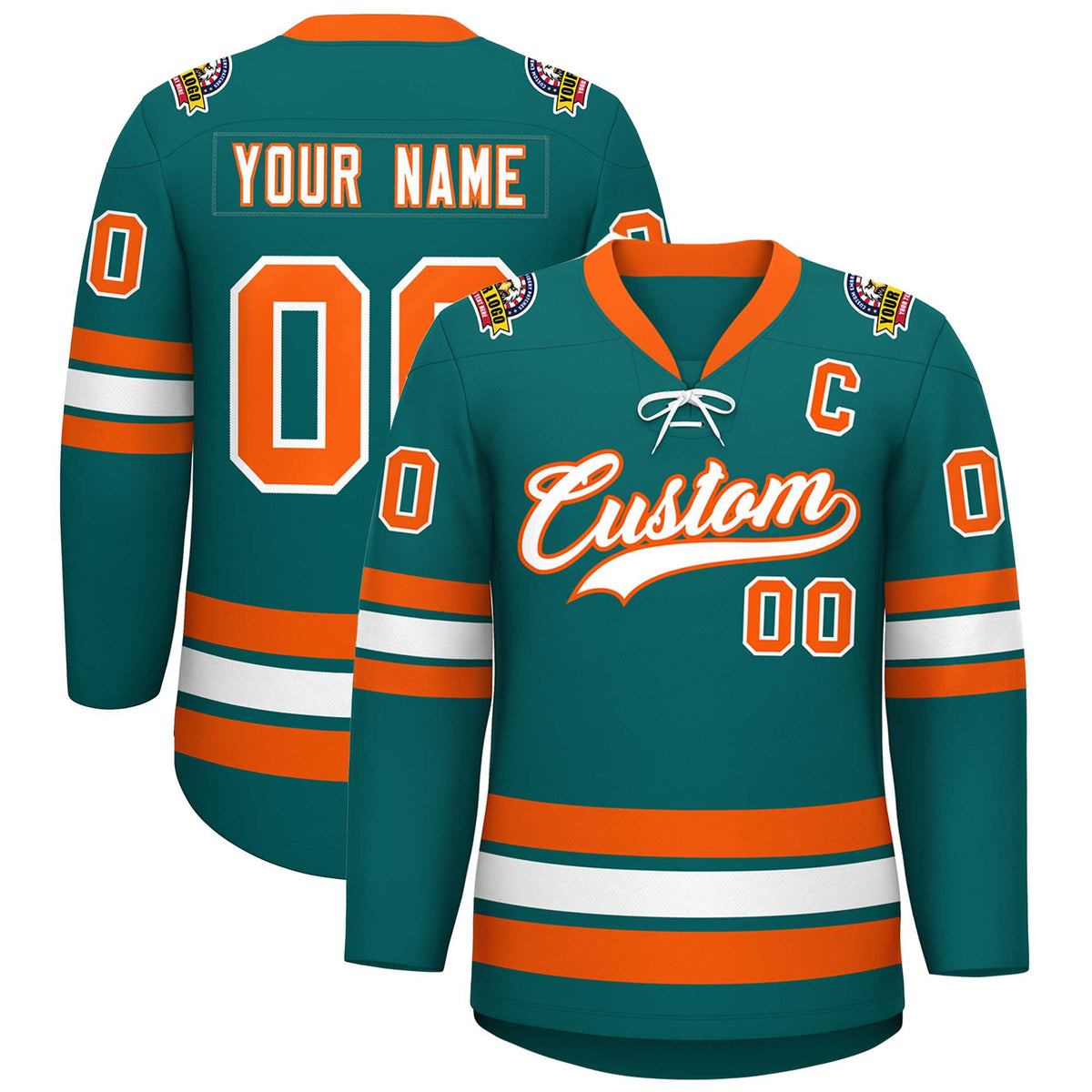 Custom Aqua White-Orange Lace-Up Neck Hockey Jersey | KXKSHOP
