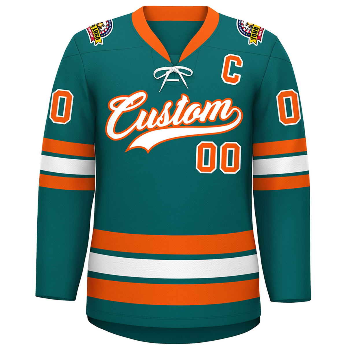 Custom Aqua White-Orange Lace-Up Neck Hockey Jersey | KXKSHOP