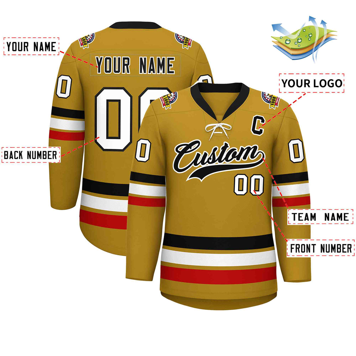 Custom Old Gold Black-White Lace-Up Neck Hockey Jersey | KXKSHOP