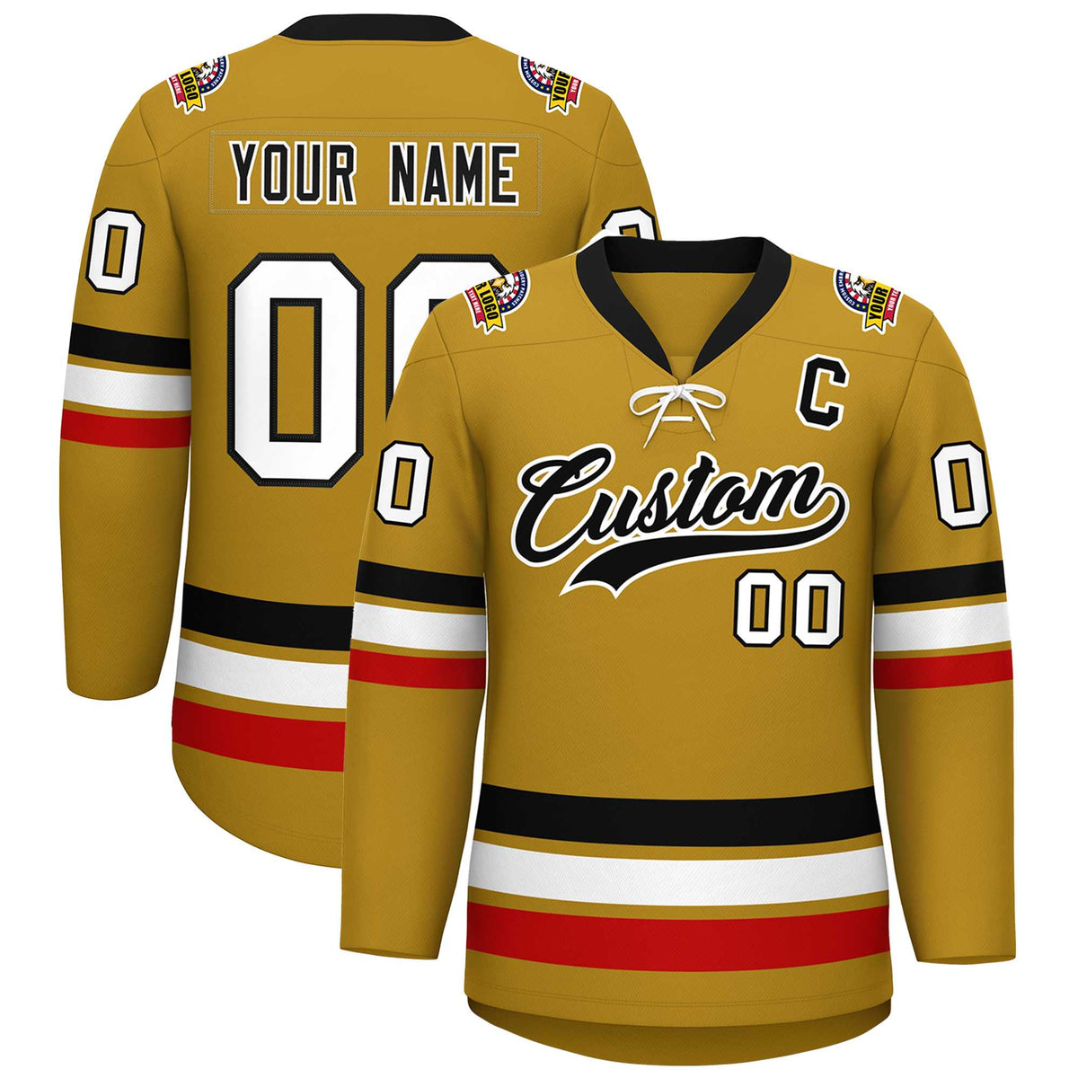 Custom Old Gold Black-White Lace-Up Neck Hockey Jersey | KXKSHOP