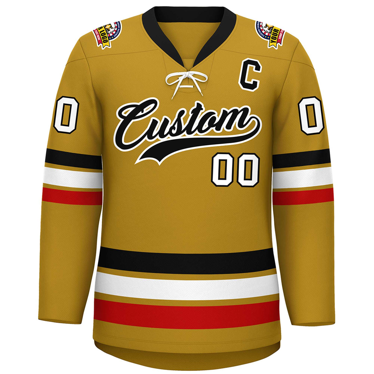 Custom Old Gold Black-White Lace-Up Neck Hockey Jersey | KXKSHOP