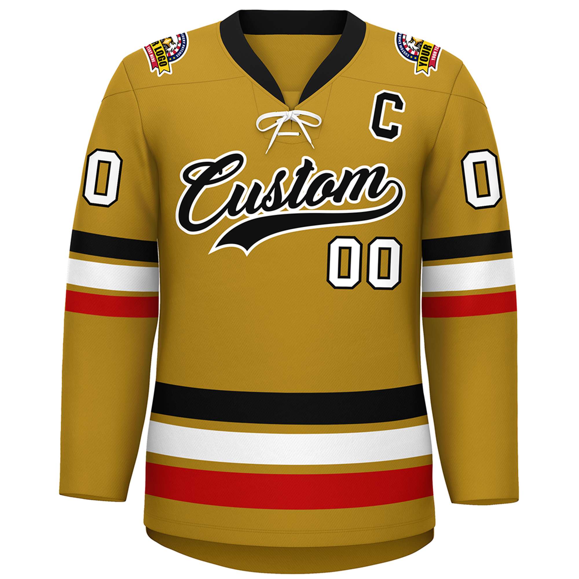 Custom Old Gold Black-White Lace-Up Neck Hockey Jersey | KXKSHOP