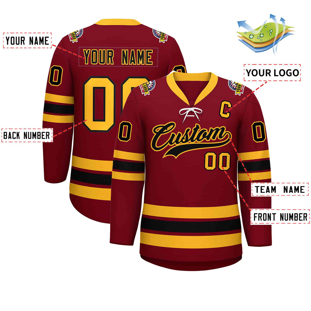 Custom Crimson Black-Yellow Lace-Up Neck Hockey Jersey | KXKSHOP