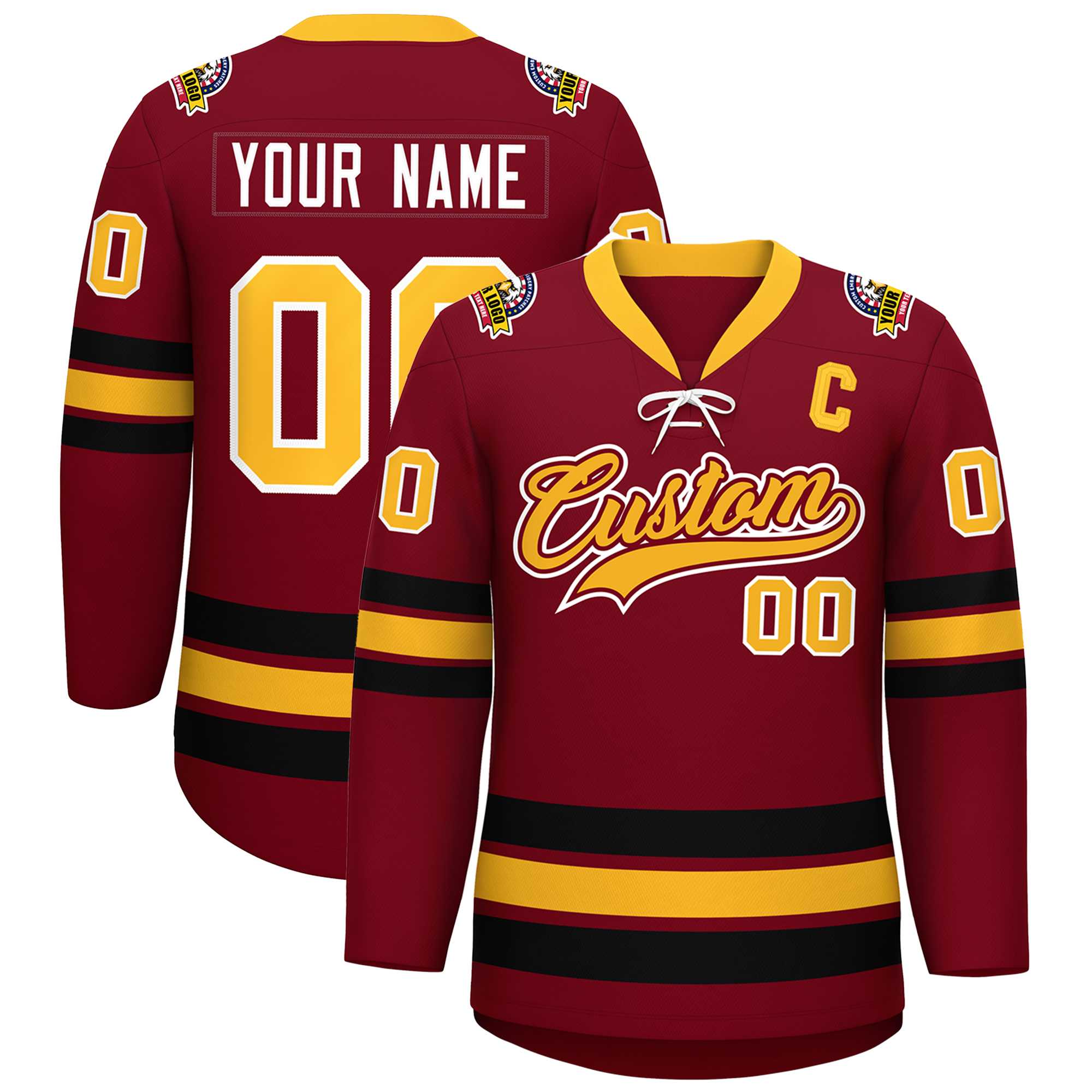 Custom Crimson Yellow-Black Lace-Up Neck Hockey Jersey | KXKSHOP