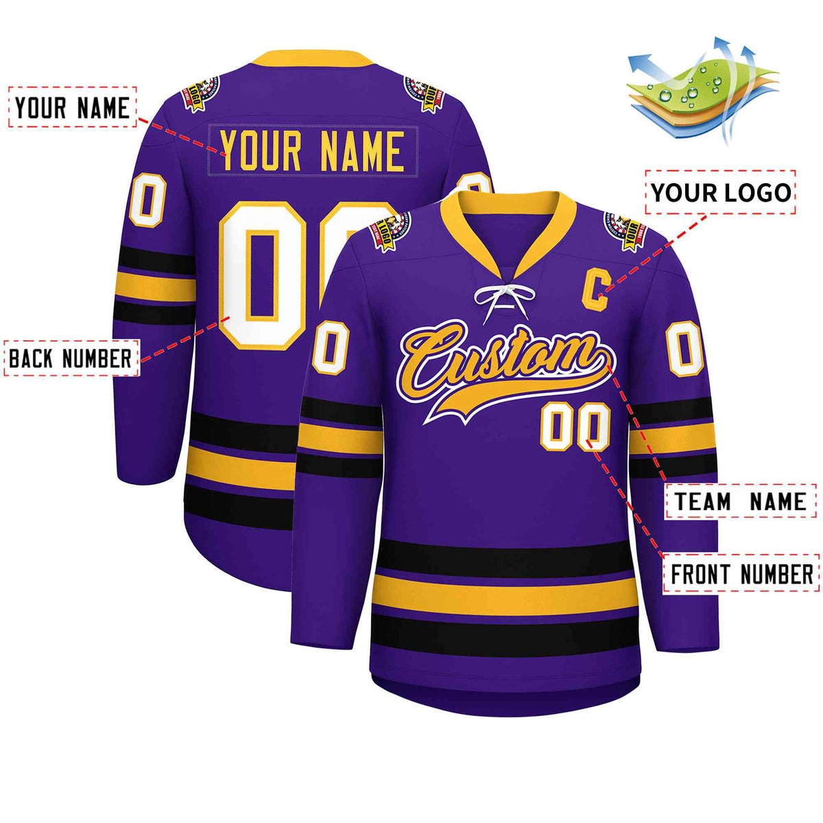 Custom Purple Yellow-Black Lace-Up Neck Hockey Jersey | KXKSHOP