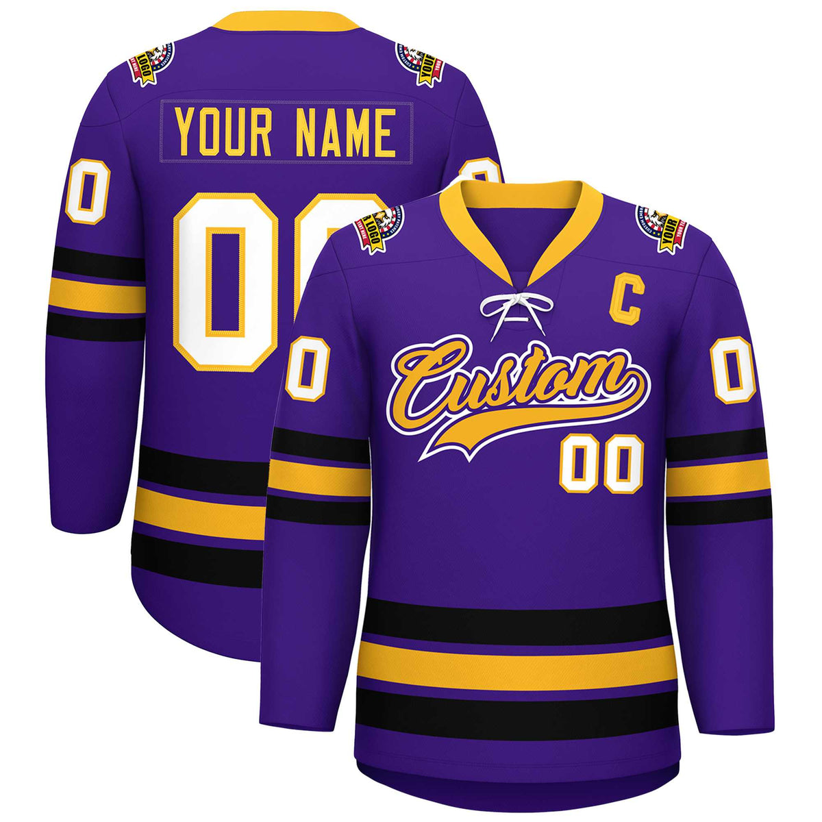 Custom Purple Yellow-Black Lace-Up Neck Hockey Jersey | KXKSHOP