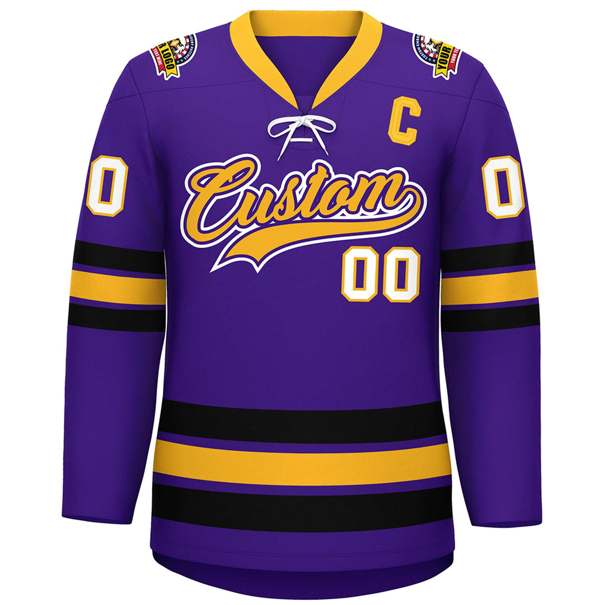 Custom Purple Yellow-Black Lace-Up Neck Hockey Jersey | KXKSHOP