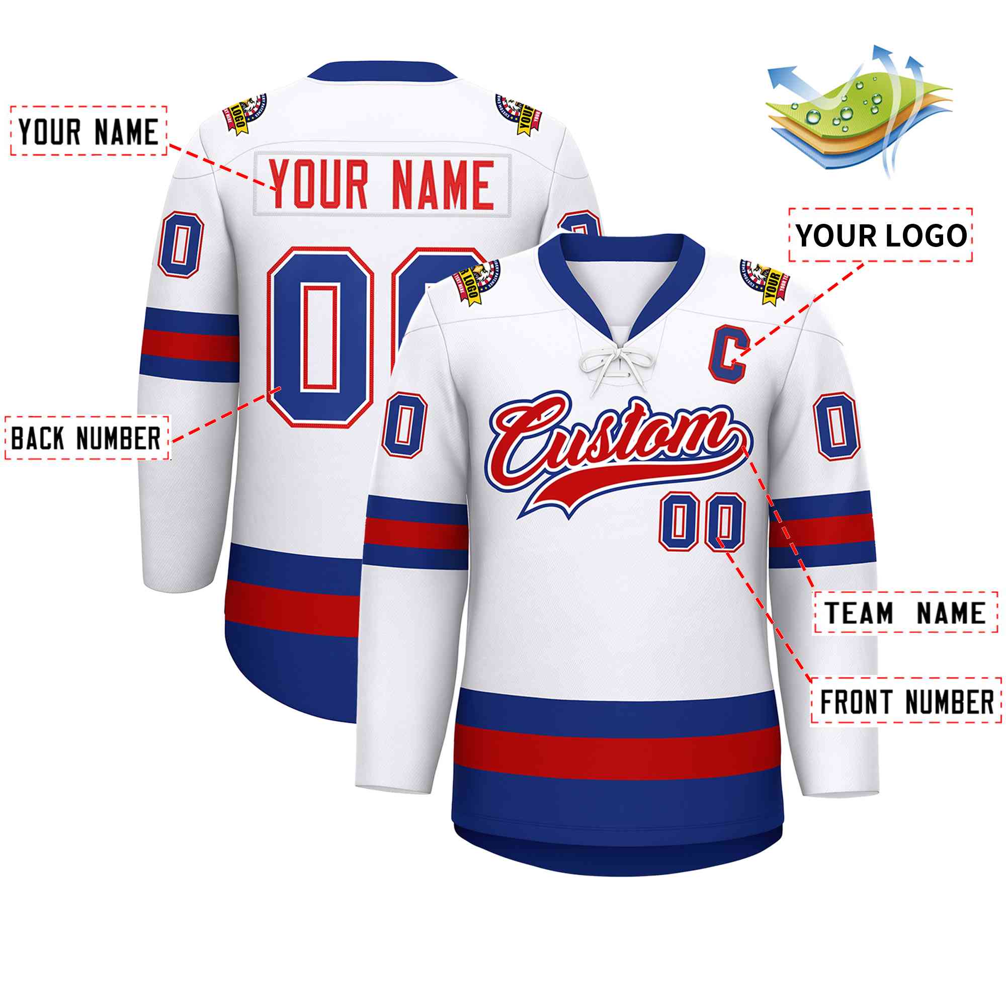 Custom White Red-Royal Lace-Up Neck Hockey Jersey | KXKSHOP