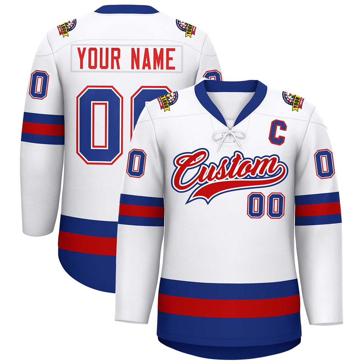 Custom White Red-Royal Lace-Up Neck Hockey Jersey | KXKSHOP