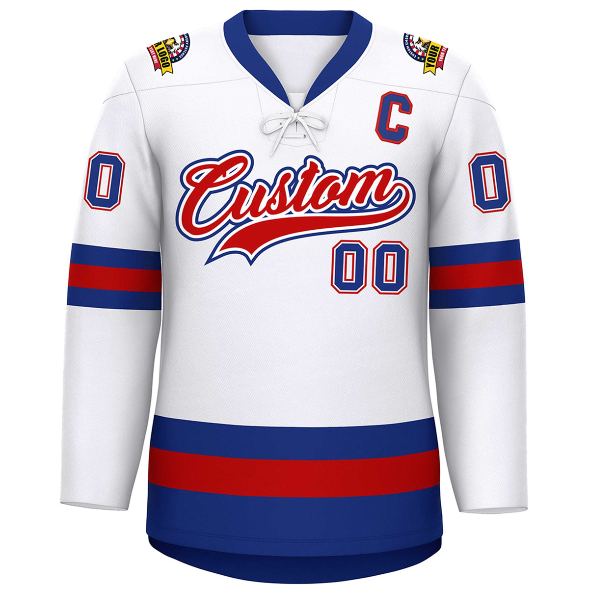 Custom White Red-Royal Lace-Up Neck Hockey Jersey | KXKSHOP