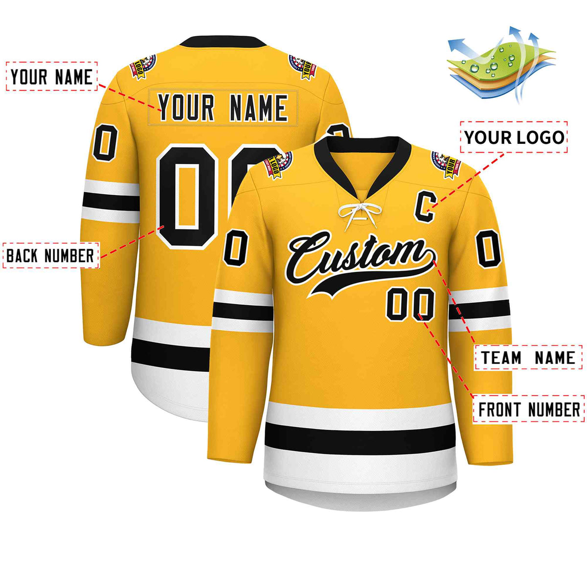 Custom Gold Black-White Lace-Up Neck Hockey Jersey | KXKSHOP