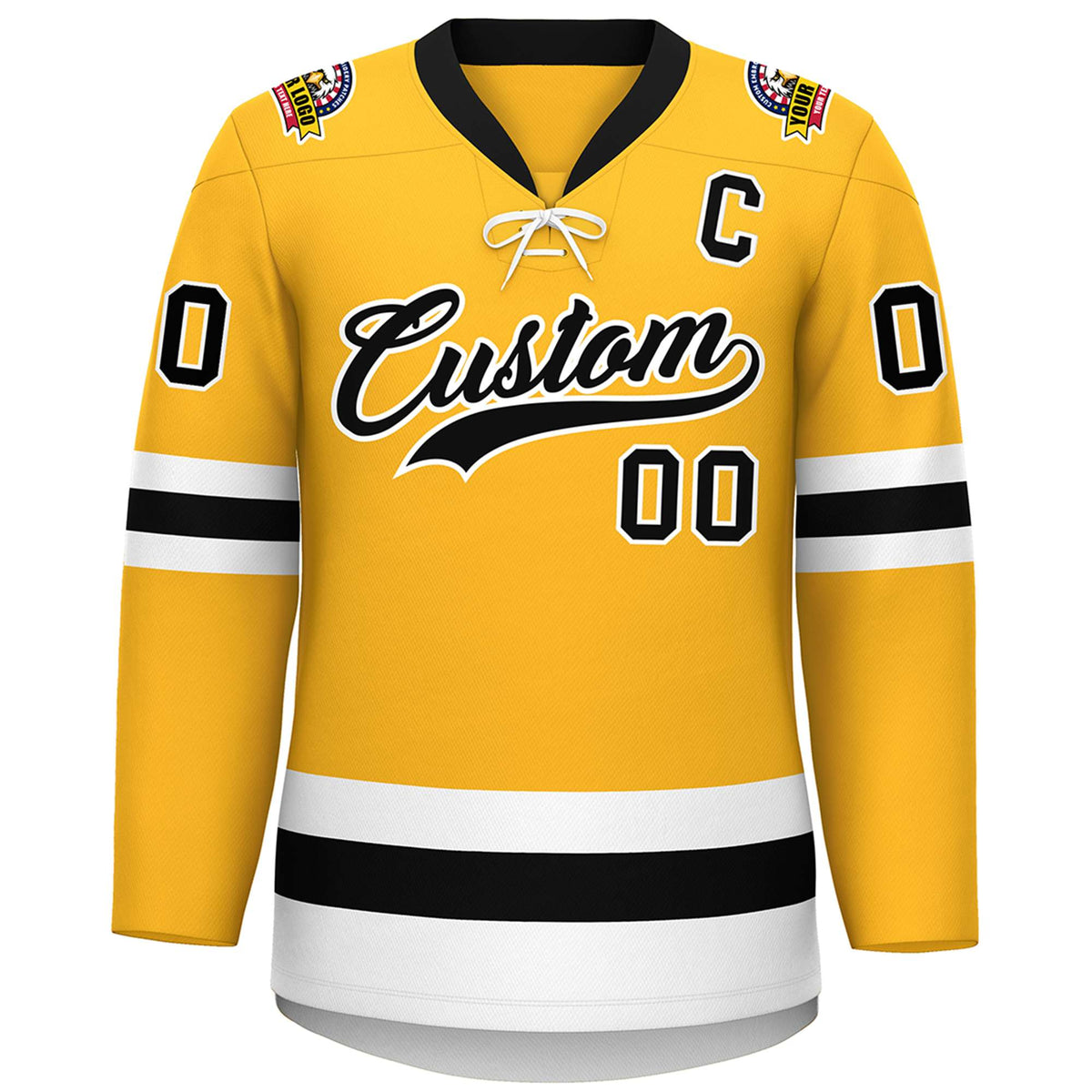 Custom Gold Black-White Lace-Up Neck Hockey Jersey | KXKSHOP