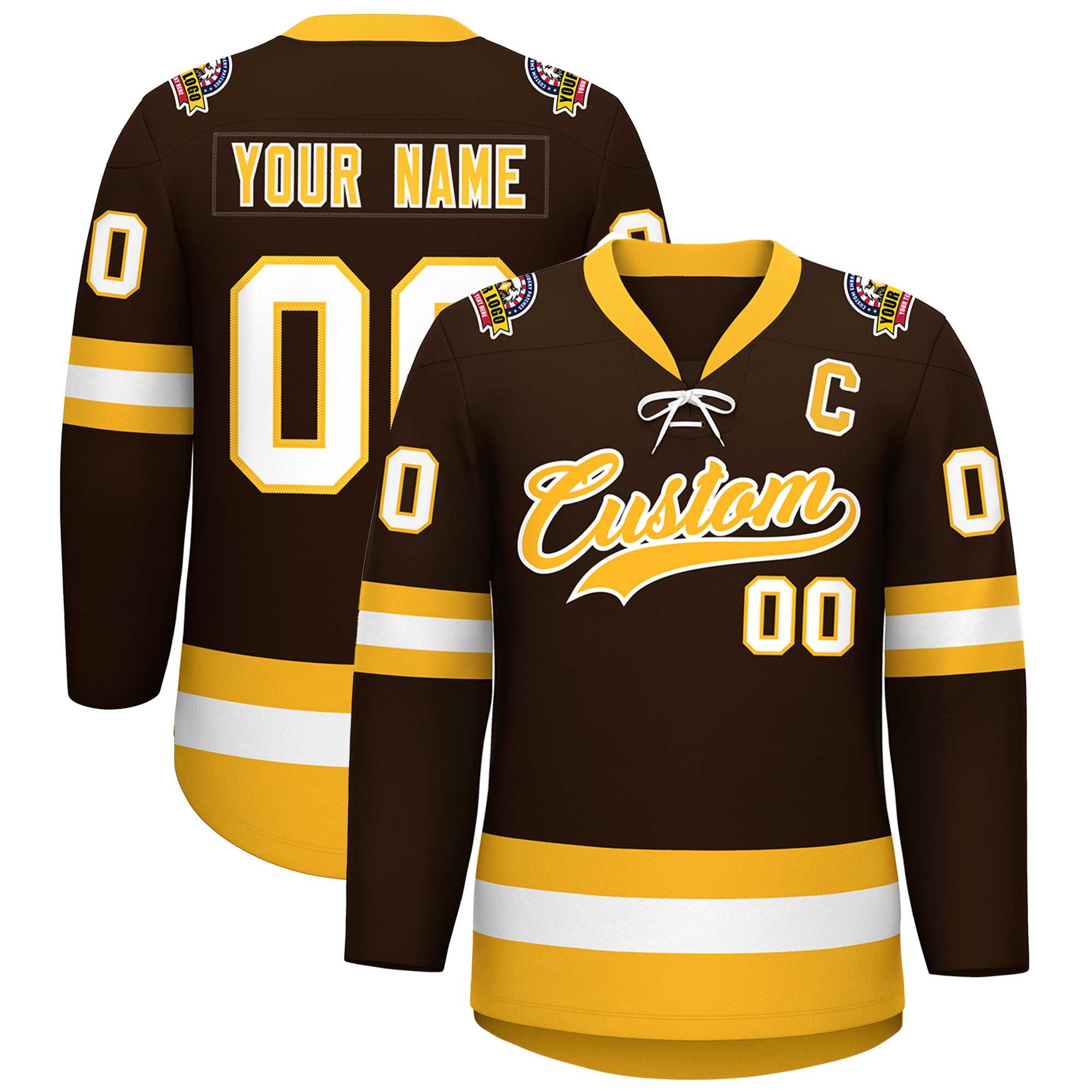 Custom Brown Gold-White Lace-Up Neck Hockey Jersey | KXKSHOP