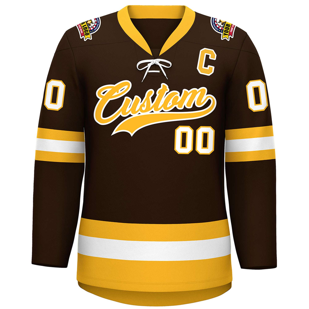 Custom Brown Gold-White Lace-Up Neck Hockey Jersey | KXKSHOP