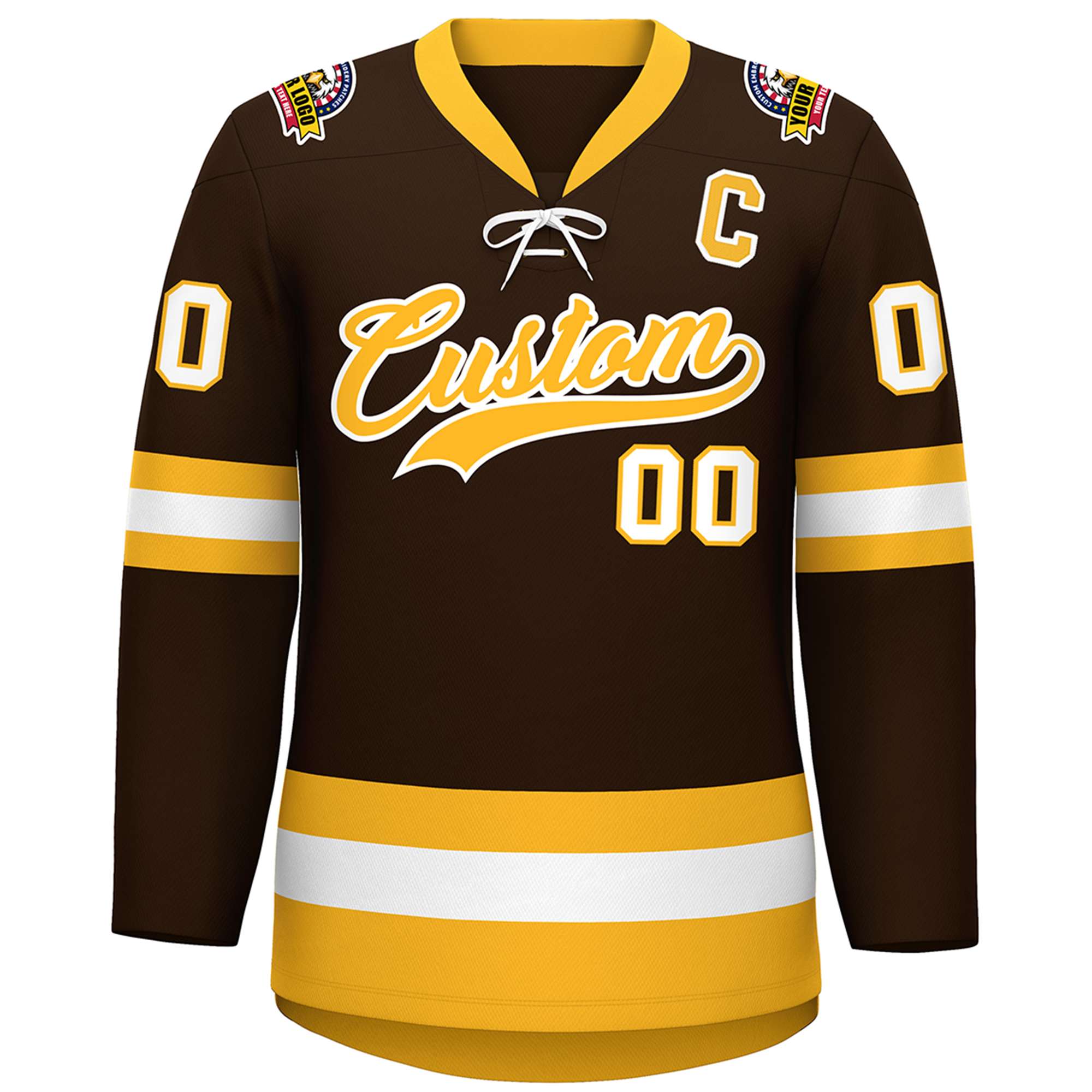 Custom Brown Gold-White Lace-Up Neck Hockey Jersey | KXKSHOP