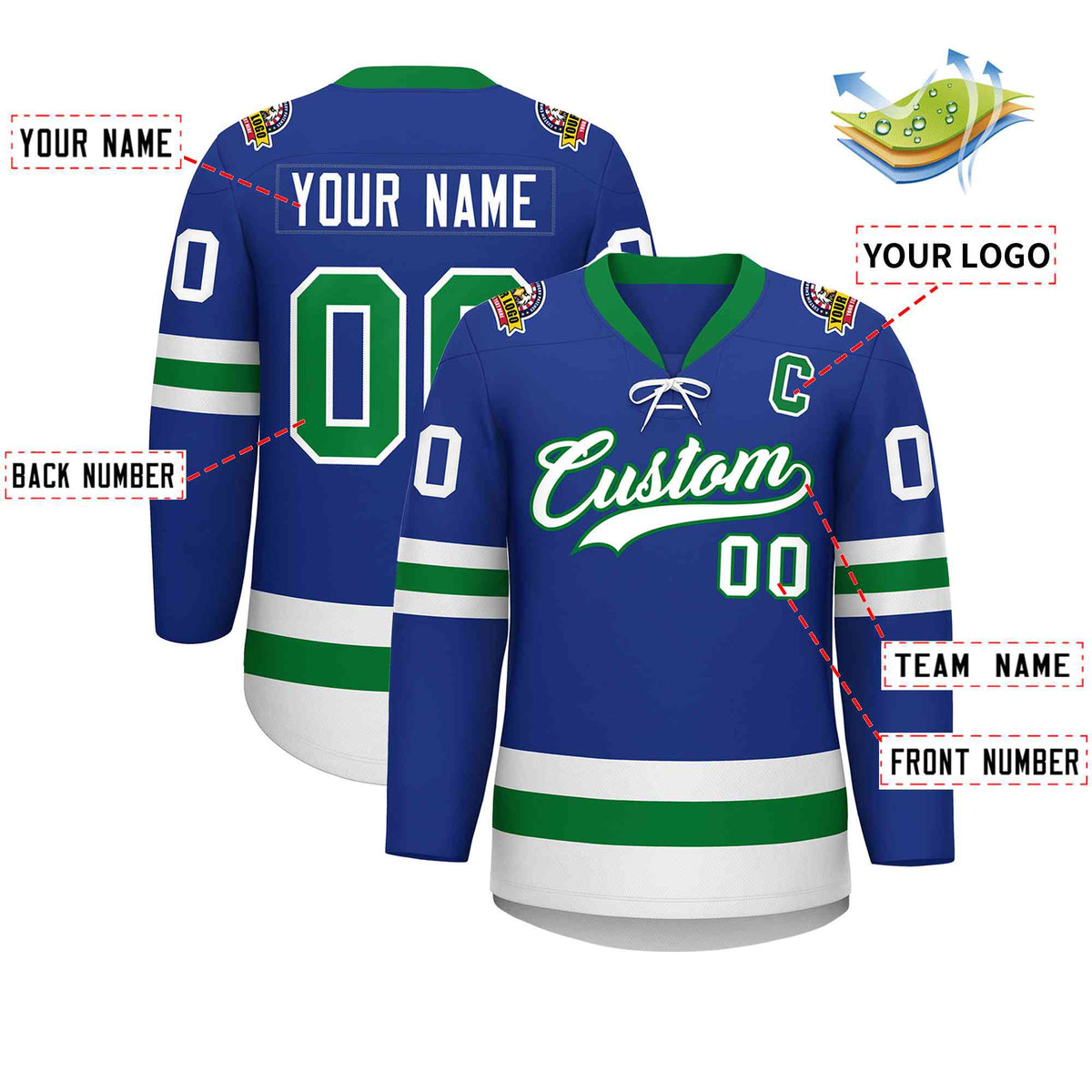 Custom Royal Kelly Green-White Lace-Up Neck Hockey Jersey | KXKSHOP