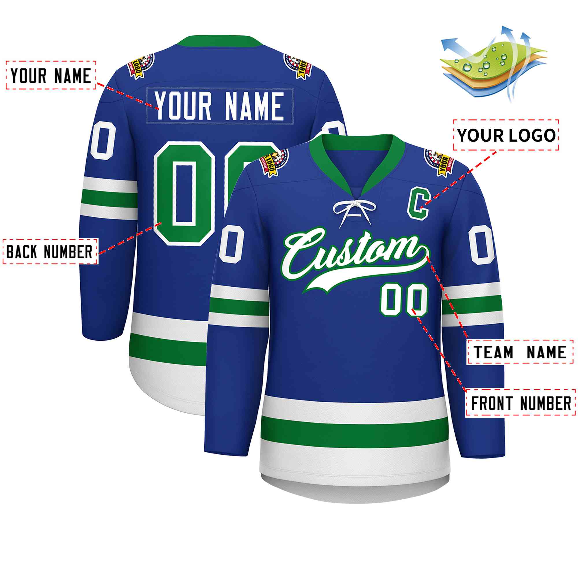 Custom Royal Kelly Green-White Lace-Up Neck Hockey Jersey | KXKSHOP
