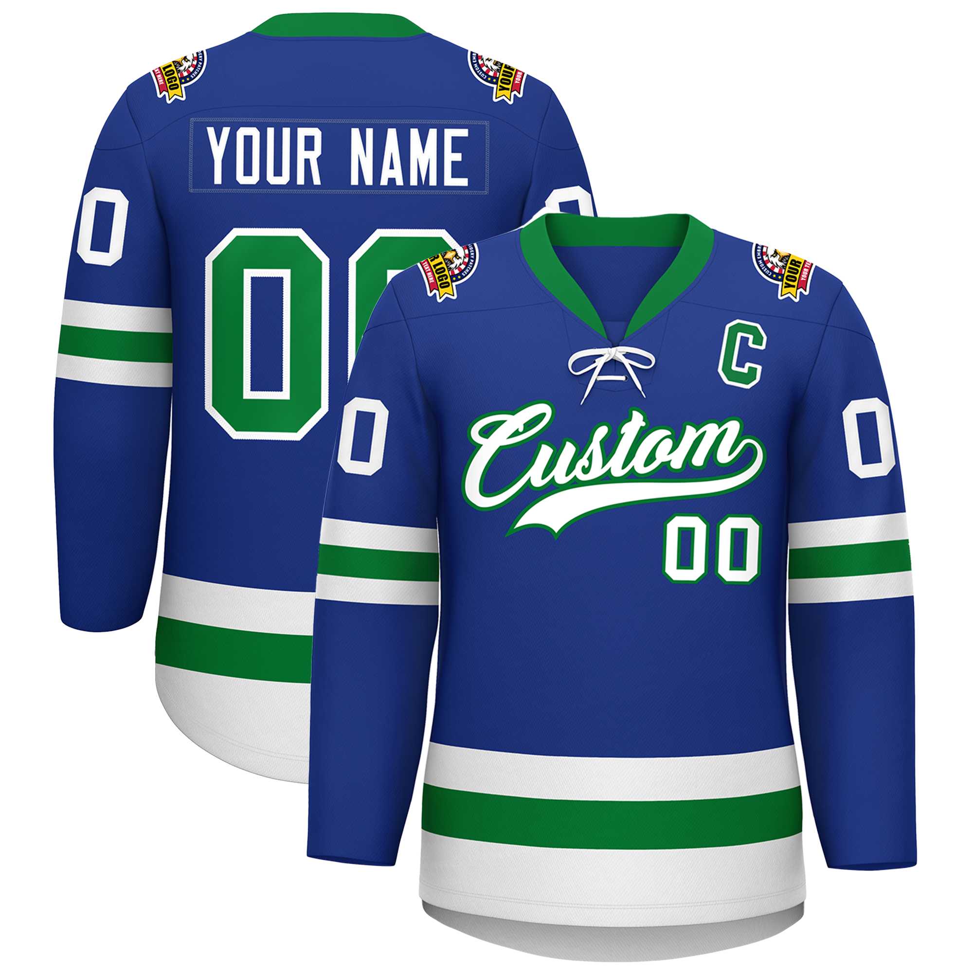 Custom Royal Kelly Green-White Lace-Up Neck Hockey Jersey | KXKSHOP