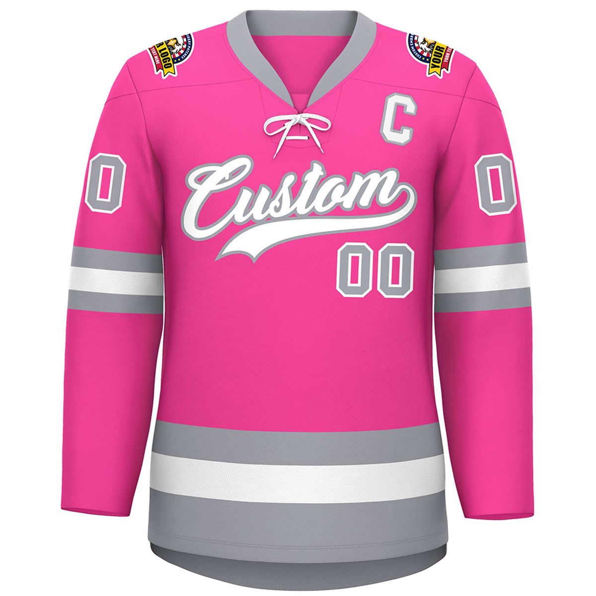 Custom Pink White-Gray Lace-Up Neck Hockey Jersey | KXKSHOP
