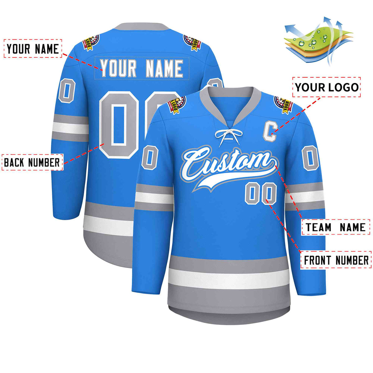Custom Powder Blue White-Gray Lace-Up Neck Hockey Jersey | KXKSHOP