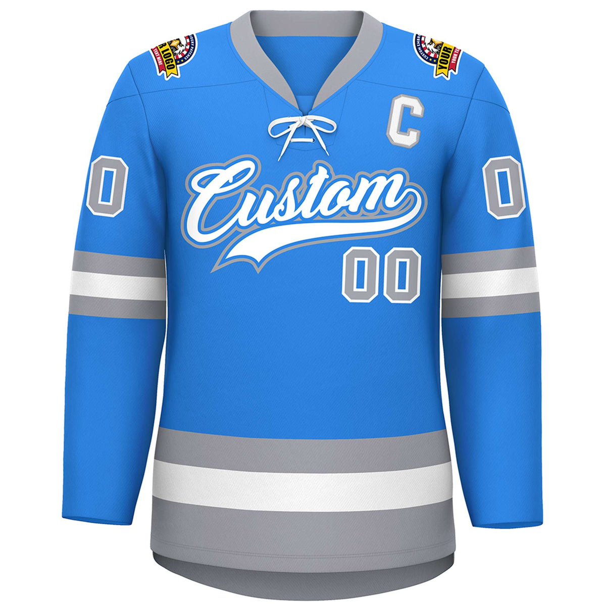 Custom Powder Blue White-Gray Lace-Up Neck Hockey Jersey | KXKSHOP