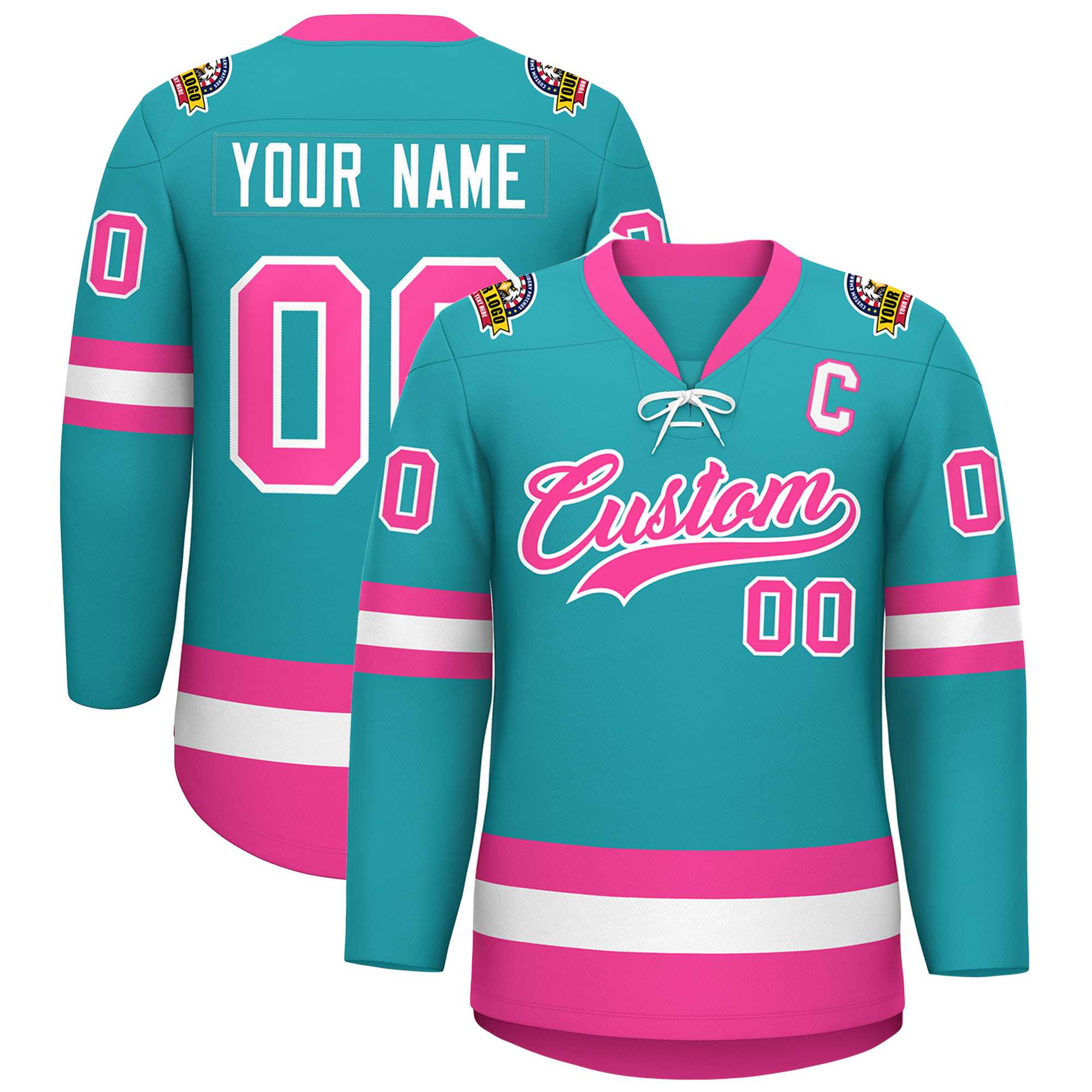 Custom Aqua Pink-White Lace-Up Neck Hockey Jersey | KXKSHOP