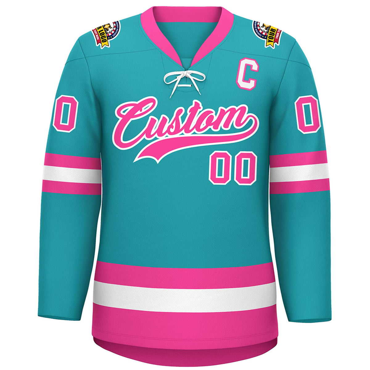 Custom Aqua Pink-White Lace-Up Neck Hockey Jersey | KXKSHOP