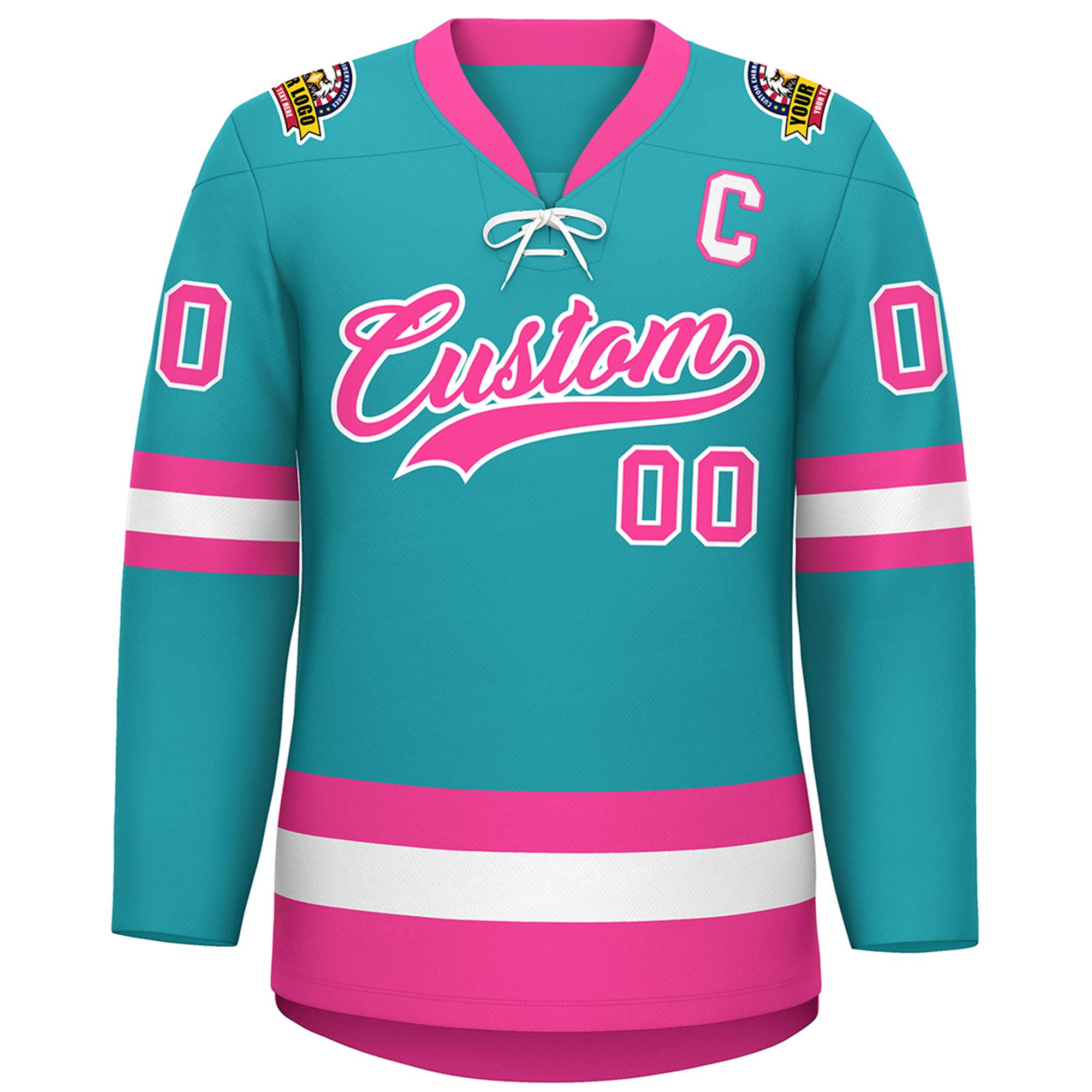 Custom Aqua Pink-White Lace-Up Neck Hockey Jersey | KXKSHOP